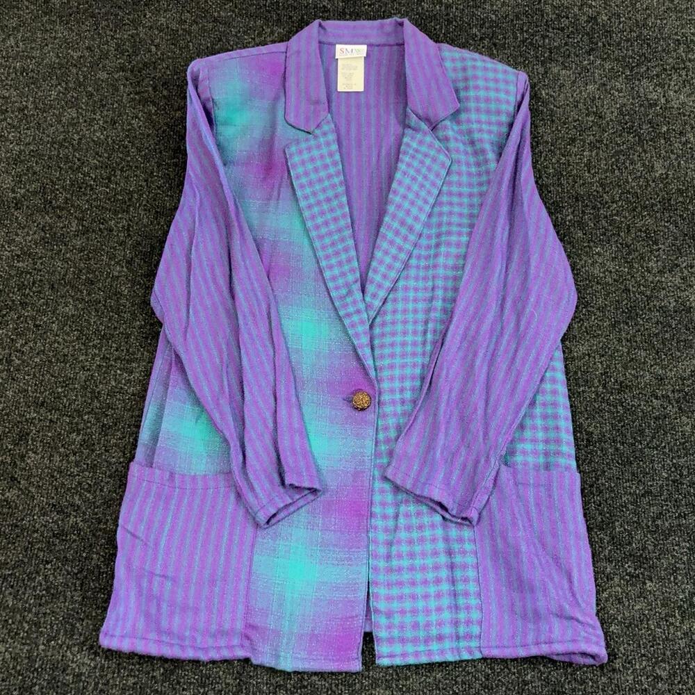 SMW Style My Way Blazer Womens M Purple Teal Stripe Pocket Lightweight Jacket